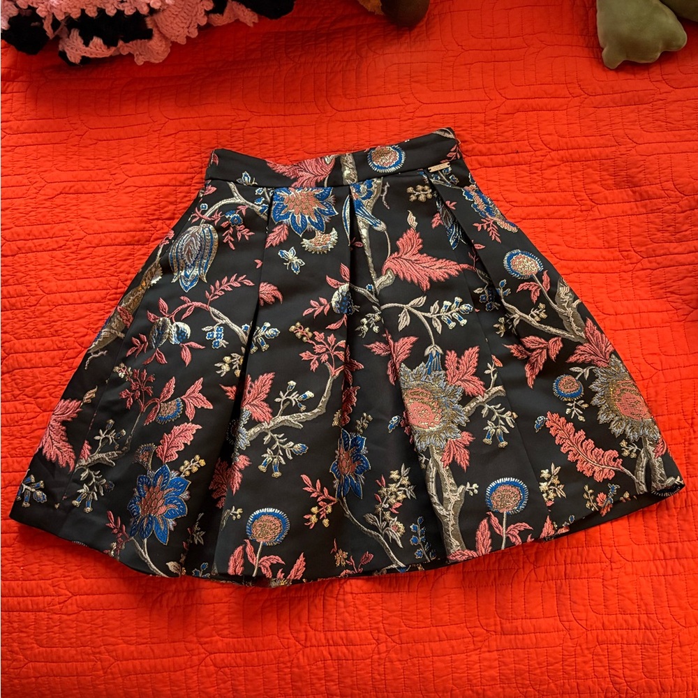 Guess Black Floral Brocade Skater Skirt with Pink & Blue Accents